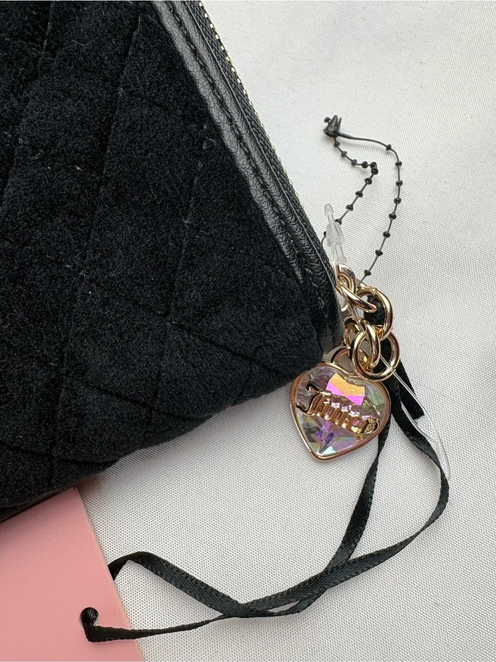 Juicy Couture Black Quilted Velvet Bow Zip Wallet with Heart Charm